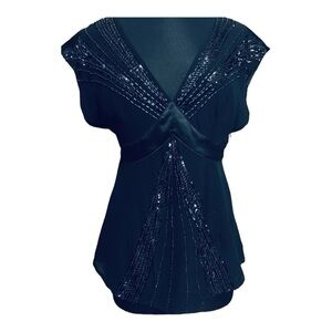 *** SOLD***Express Women's Black 100% Silk Beaded Top Deep V Size 10